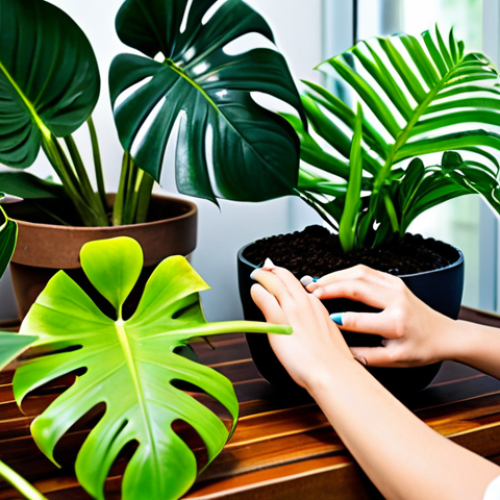 Home 14 A professional individual, fully clothed in modest, comfortable attire, gently inserting a finger into the soil of a potted Monstera plant to check moisture. Their expression is calm and focused. In the background, another hand lightly touches the healthy, vibrant green leaf of a nearby Snake Plant, observing for signs of plant needs. The scene is set in a brightly lit, cozy indoor space with a variety of thriving houseplants on a simple wooden shelf or windowsill, bathed in soft, natural light. Professional photography, high detail, realistic, soft focus background. safe for work, appropriate content, fully clothed, professional, perfect anatomy, correct proportions, natural pose, well-formed hands, proper finger count, natural body proportions, professional dress.