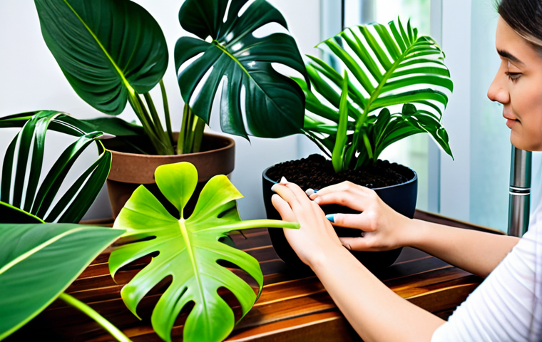 A professional individual, fully clothed in modest, comfortable attire, gently inserting a finger into the soil of a potted Monstera plant to check moisture. Their expression is calm and focused. In the background, another hand lightly touches the healthy, vibrant green leaf of a nearby Snake Plant, observing for signs of plant needs. The scene is set in a brightly lit, cozy indoor space with a variety of thriving houseplants on a simple wooden shelf or windowsill, bathed in soft, natural light. Professional photography, high detail, realistic, soft focus background. safe for work, appropriate content, fully clothed, professional, perfect anatomy, correct proportions, natural pose, well-formed hands, proper finger count, natural body proportions, professional dress.