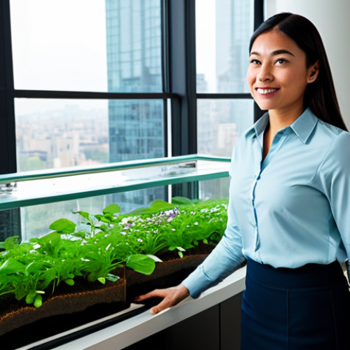 Home 7 A professional woman in a modest, modern business-casual outfit, standing beside a sleek, well-maintained indoor aquaponics system. The system features vibrant green leafy plants thriving above a clear, clean fish tank with small, colorful fish swimming gracefully. The setting is a minimalist, contemporary living room within a high-rise city apartment, with large windows softly illuminating the space and a blurred urban skyline in the background. The overall atmosphere is calm and sophisticated. High-resolution, professional photography, natural lighting, perfect anatomy, correct proportions, natural pose, well-formed hands, proper finger count, natural body proportions, safe for work, appropriate content, fully clothed, professional dress, modest clothing.