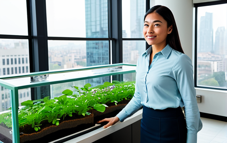 A professional woman in a modest, modern business-casual outfit, standing beside a sleek, well-maintained indoor aquaponics system. The system features vibrant green leafy plants thriving above a clear, clean fish tank with small, colorful fish swimming gracefully. The setting is a minimalist, contemporary living room within a high-rise city apartment, with large windows softly illuminating the space and a blurred urban skyline in the background. The overall atmosphere is calm and sophisticated. High-resolution, professional photography, natural lighting, perfect anatomy, correct proportions, natural pose, well-formed hands, proper finger count, natural body proportions, safe for work, appropriate content, fully clothed, professional dress, modest clothing.