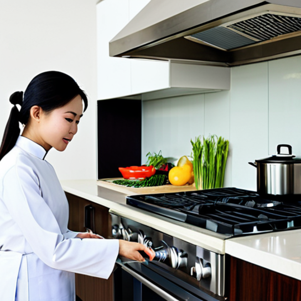 Modern Vietnamese Kitchen Ventilation**

"A bright, modern Vietnamese kitchen with stainless steel appliances. A woman in a modest Ao Dai is cooking, and a sleek, quiet range hood/ventilation system is prominently featured above the stove. The kitchen is clean and well-lit. Focus on the air being clear and free of cooking smoke. safe for work, appropriate content, fully clothed, professional, perfect anatomy, natural proportions, high quality, family-friendly, realistic lighting, modern design."

**