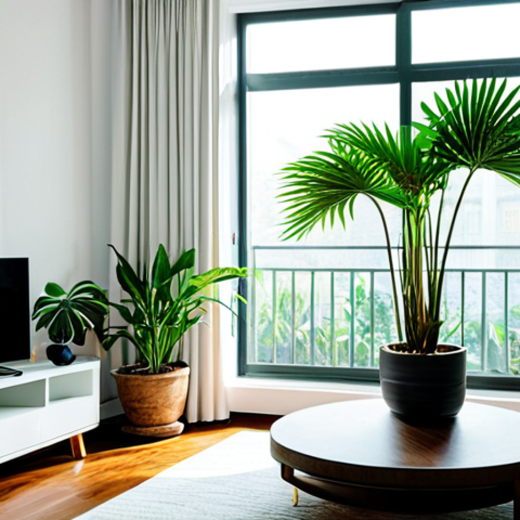 **Bright & Airy Living Room:** A Vietnamese living room, white walls, sheer curtains, minimal furniture, sunlight streaming through a large window, potted green plants, creating a bright, airy, and inviting atmosphere. safe for work, appropriate content, fully clothed, professional photography, perfect anatomy, natural proportions, family-friendly.