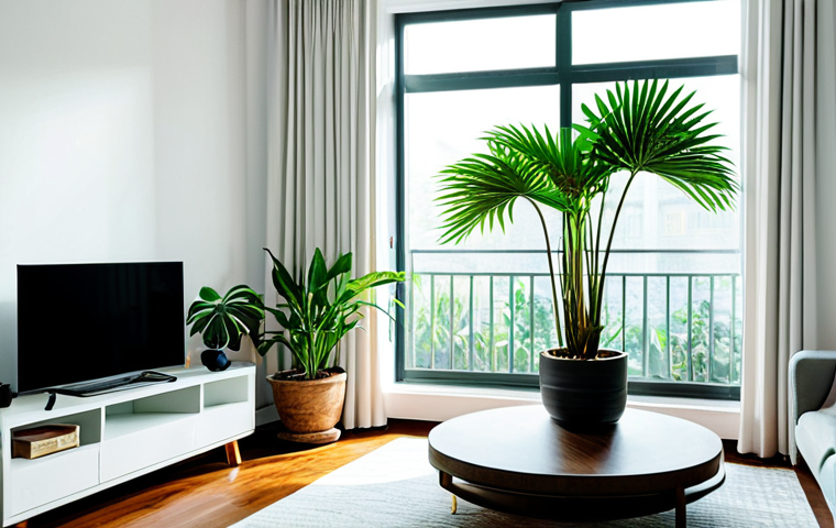 **Bright & Airy Living Room:** A Vietnamese living room, white walls, sheer curtains, minimal furniture, sunlight streaming through a large window, potted green plants, creating a bright, airy, and inviting atmosphere. safe for work, appropriate content, fully clothed, professional photography, perfect anatomy, natural proportions, family-friendly.
