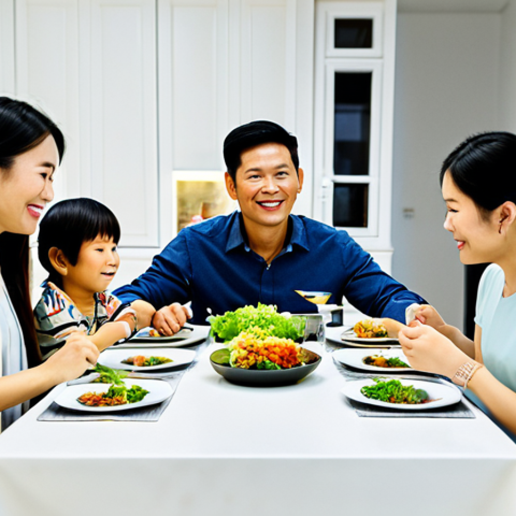 **A modern Vietnamese family enjoying a meal together in their brightly lit, smart home dining room.** The table is set with traditional dishes. The scene showcases warm, inviting lighting controlled by a smart home system. fully clothed, safe for work, appropriate content, professional, modest, family-friendly, perfect anatomy, correct proportions, natural pose, well-formed hands, proper finger count, natural body proportions.