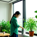 소음과 실내 생태계 - Indoor Greenery & Tranquility**

"A Vietnamese woman in áo bà ba watering lush, green plants inside ...
