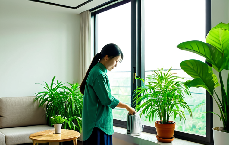 소음과 실내 생태계 - Indoor Greenery & Tranquility**

"A Vietnamese woman in áo bà ba watering lush, green plants inside ...