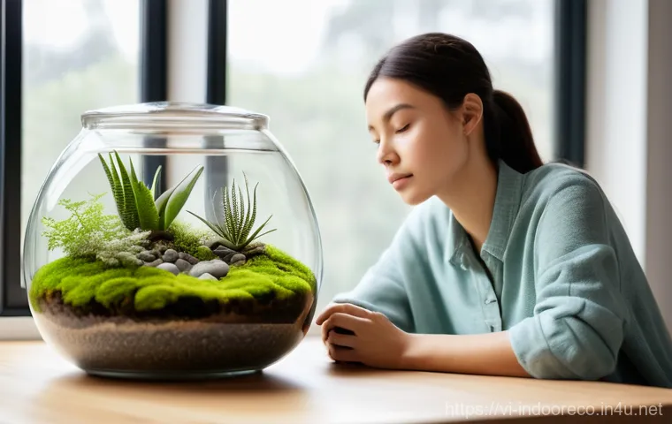 지속 가능한 실내 생태계 - **Prompt:** A captivating close-up shot of a thriving, self-contained miniature ecosystem within a b...