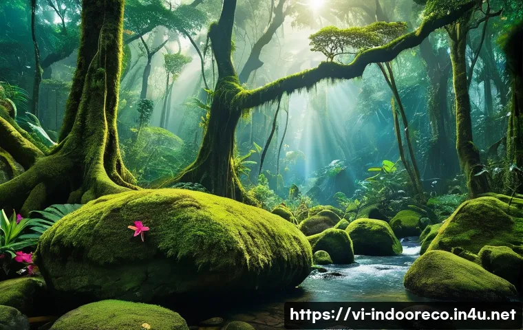 생물 다양성 - A vibrant tropical rainforest scene in Vietnam’s Cuc Phuong National Park, showcasing towering ancie...
