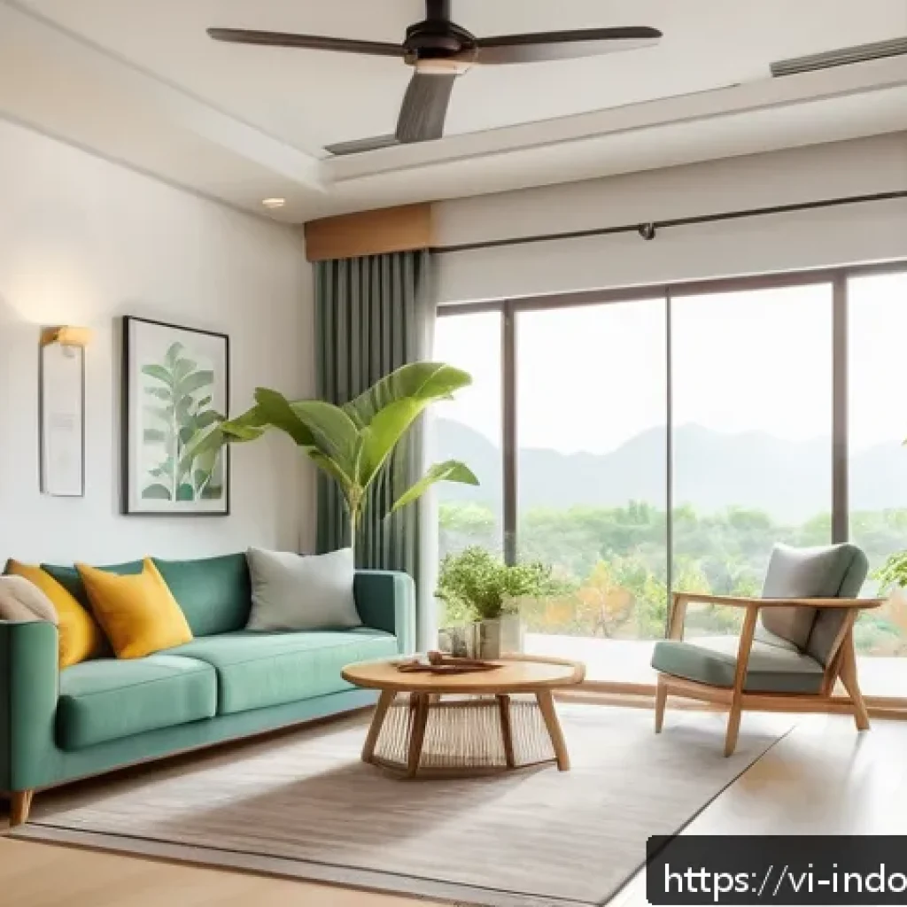 전력 소비 최소화 방법 - A cozy Vietnamese family living room during daytime, featuring large open windows with sheer curtain...