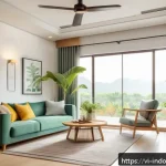 전력 소비 최소화 방법 - A cozy Vietnamese family living room during daytime, featuring large open windows with sheer curtain...