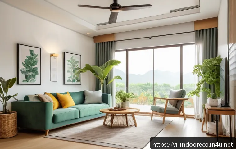 전력 소비 최소화 방법 - A cozy Vietnamese family living room during daytime, featuring large open windows with sheer curtain...