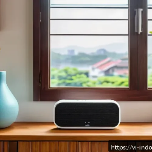 IoT 기반 실내 공기질 관리 - A modern Vietnamese family living room with a sleek, multi-functional indoor air quality sensor devi...