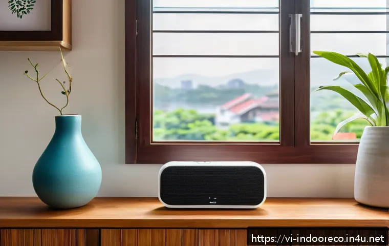 IoT 기반 실내 공기질 관리 - A modern Vietnamese family living room with a sleek, multi-functional indoor air quality sensor devi...