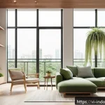 실내 식물과 미래 건축 - A modern open-concept apartment interior featuring large floor-to-ceiling glass windows and a spacio...