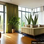 에너지 효율을 높이는 실내 디자인 - A modern Vietnamese living room bathed in soft natural morning light from large east-facing windows ...