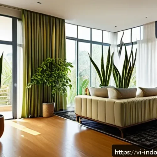 에너지 효율을 높이는 실내 디자인 - A modern Vietnamese living room bathed in soft natural morning light from large east-facing windows ...