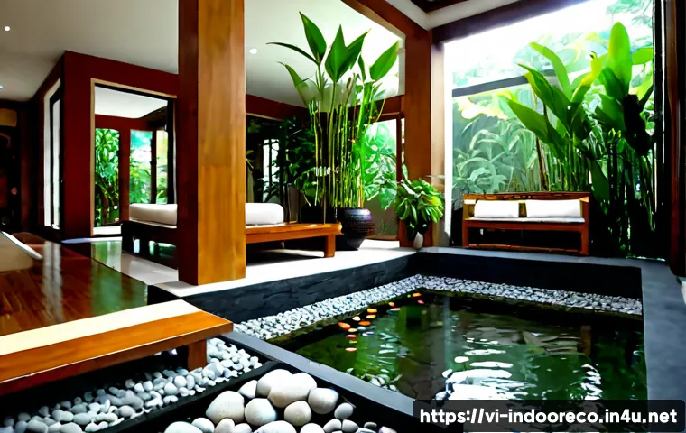 Home 13 자연 환경을 구현하는 실내 - Photorealistic modern Vietnamese living room designed as an indoor natural environment, lush tropica...